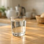 朝のキッチンでコップに注がれた水の写真。水を変えることで生活のストレスが減った体験を表現したイメージ