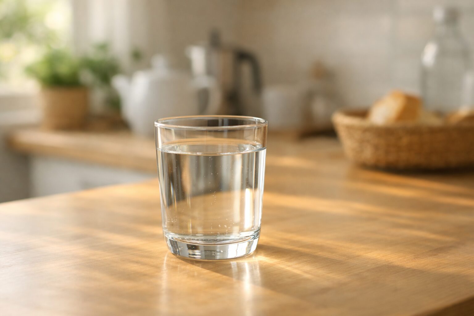 朝のキッチンでコップに注がれた水の写真。水を変えることで生活のストレスが減った体験を表現したイメージ